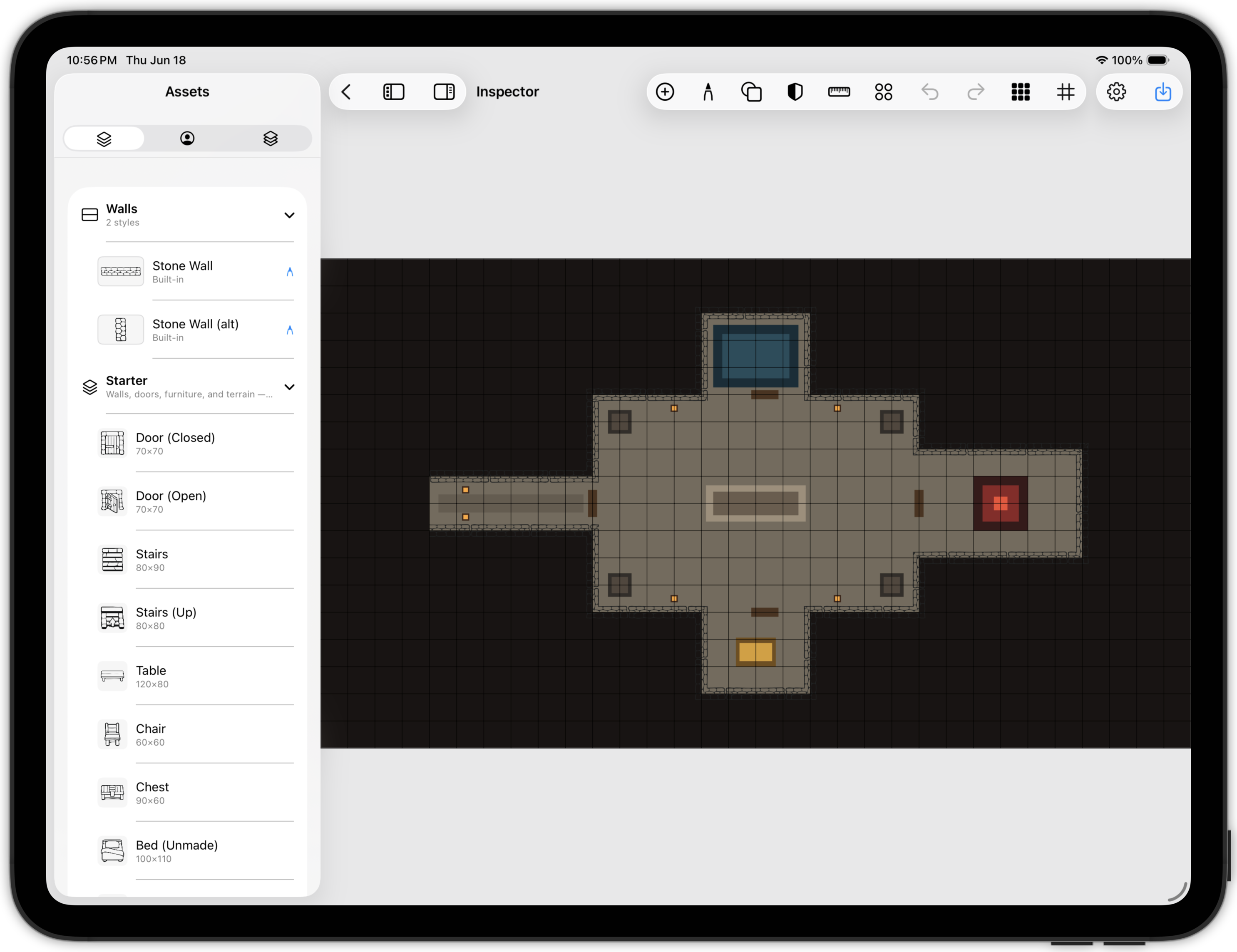 TTRPG Map Maker on iPad — asset library on the left, a dungeon map on the canvas